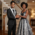 Luxurious Men Slim-Fit Stretch BLACK Tuxedo, Adjustable Waist Band, Bow Tie, Pocket Square & Socks