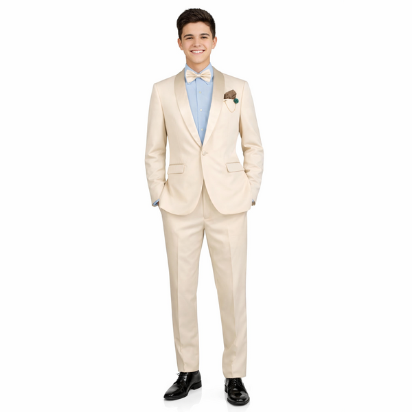 Luxurious Men Slim-Fit Stretch CHAMPAGNE Tuxedo, Adjustable Waist Band, Bow Tie, Pocket Square & Socks