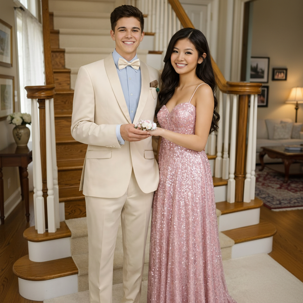 Luxurious Men Slim-Fit Stretch CHAMPAGNE Tuxedo, Adjustable Waist Band, Bow Tie, Pocket Square & Socks