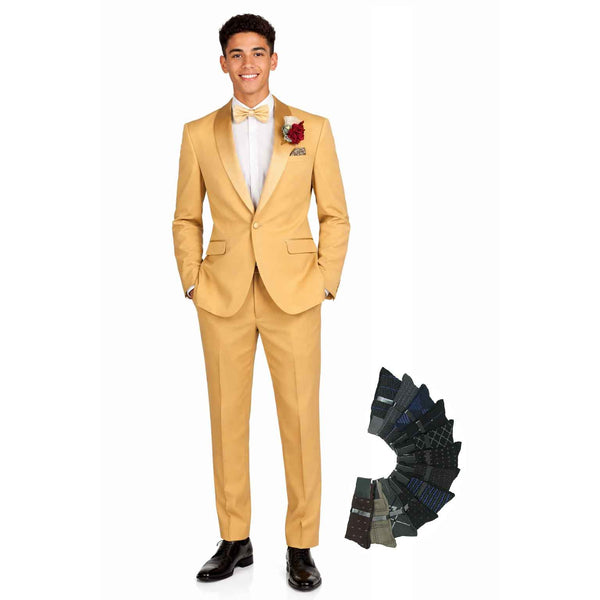 Luxurious Men Slim-Fit Stretch L. GOLD Tuxedo, Adjustable Waist Band, Bow Tie, Pocket Square & Socks