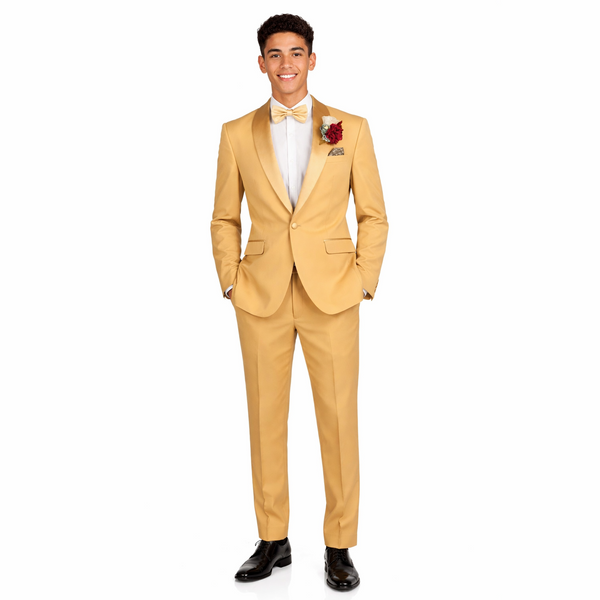 Luxurious Men Slim-Fit Stretch L. GOLD Tuxedo, Adjustable Waist Band, Bow Tie, Pocket Square & Socks