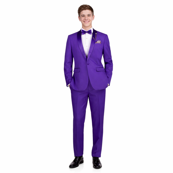 Luxurious Men Slim-Fit Stretch PURPLE Tuxedo, Adjustable Waist Band, Bow Tie, Pocket Square & Socks