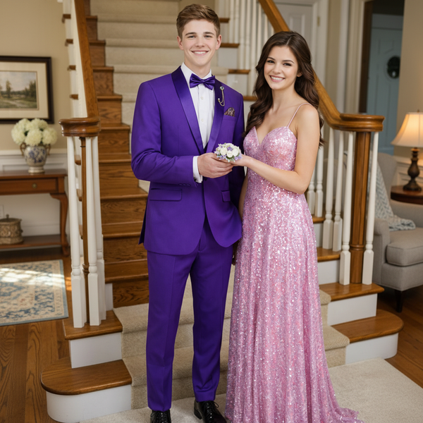 Luxurious Men Slim-Fit Stretch PURPLE Tuxedo, Adjustable Waist Band, Bow Tie, Pocket Square & Socks