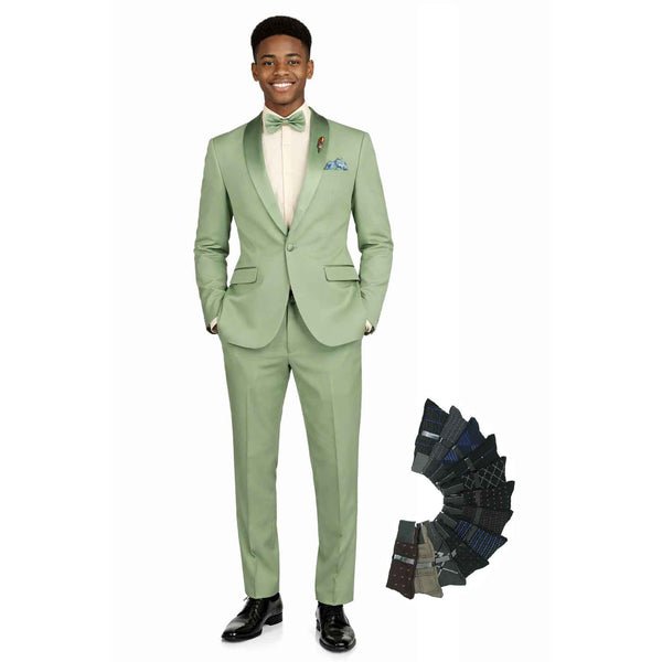 Luxurious Men Slim-Fit Stretch SAGE Tuxedo, Adjustable Waist Band, Bow Tie, Pocket Square & Socks