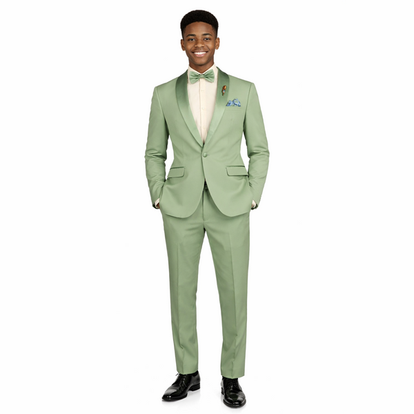 Luxurious Men Slim-Fit Stretch SAGE Tuxedo, Adjustable Waist Band, Bow Tie, Pocket Square & Socks