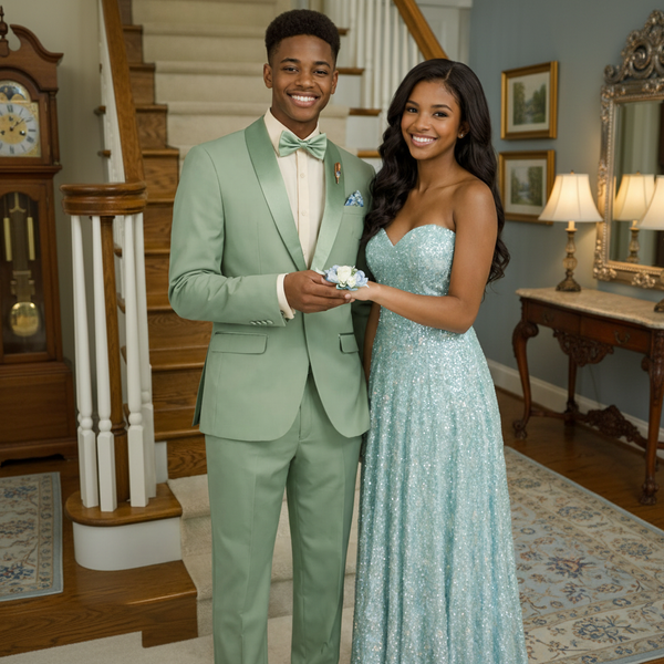 Luxurious Men Slim-Fit Stretch SAGE Tuxedo, Adjustable Waist Band, Bow Tie, Pocket Square & Socks