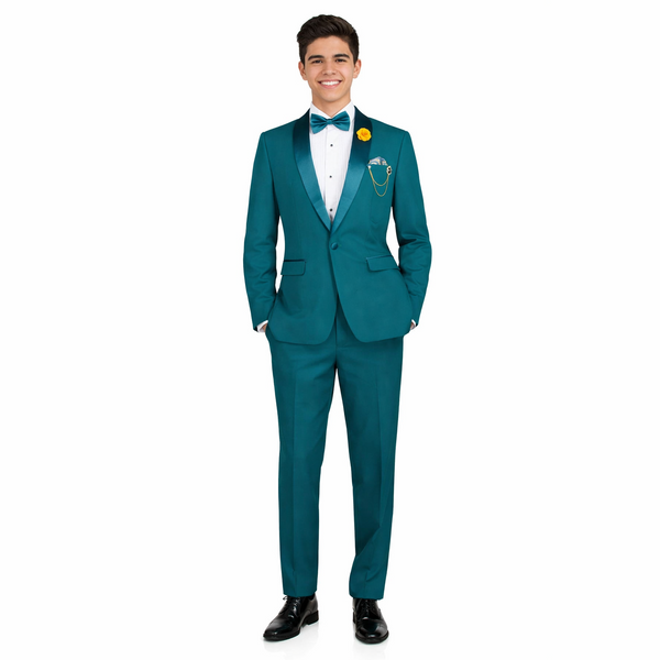 Luxurious Men Slim-Fit Stretch TEAL Tuxedo, Adjustable Waist Band, Bow Tie, Pocket Square & Socks