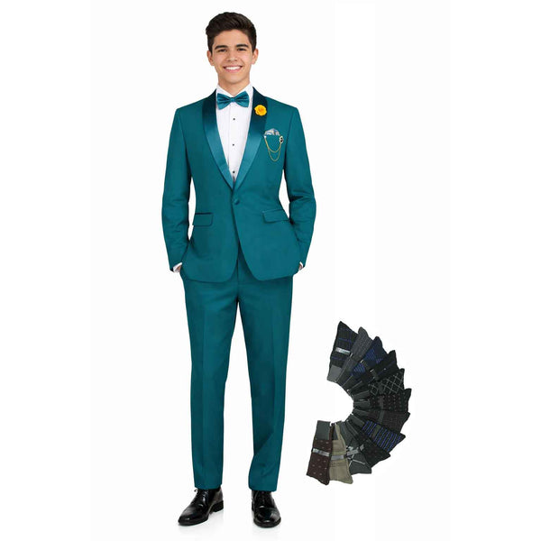 Luxurious Men Slim-Fit Stretch TEAL Tuxedo, Adjustable Waist Band, Bow Tie, Pocket Square & Socks