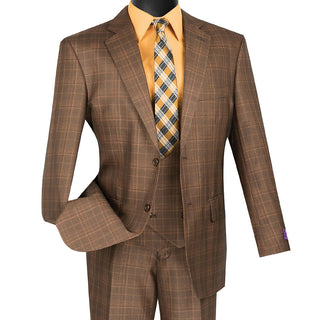Luxurious Men's 3-Pieces Glen Plaid Suit - Chestnut